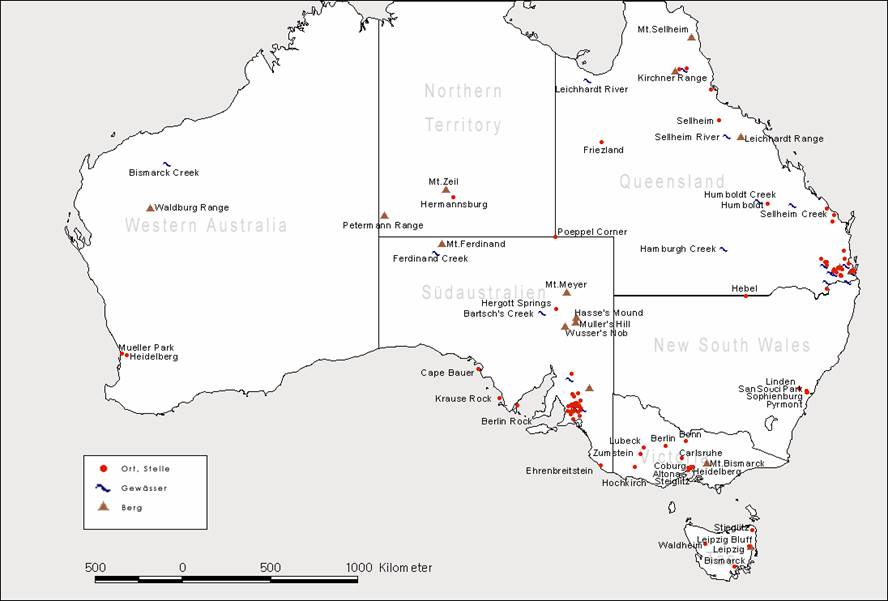 Karte deutsche Ortsnamen in Australien