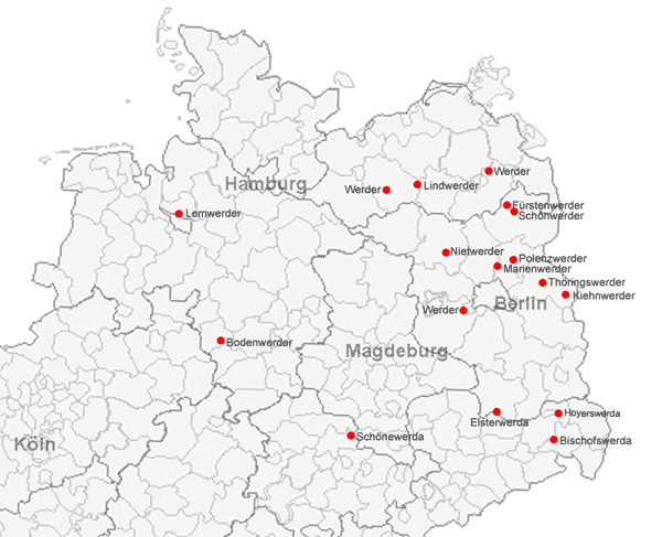 Karte mit Orten auf -werda / -werder